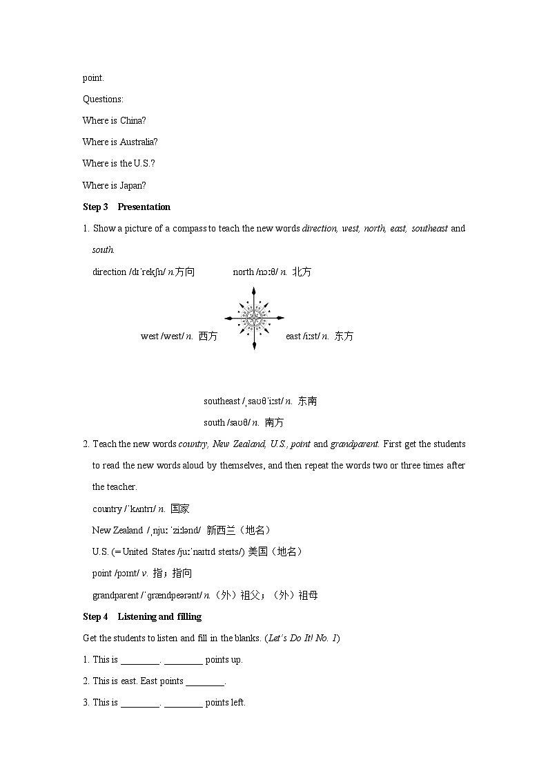 Unit 8 Countries around the world Lesson 43 Directions-2022-2023学年初中英语冀教版七年级上册同步教案02