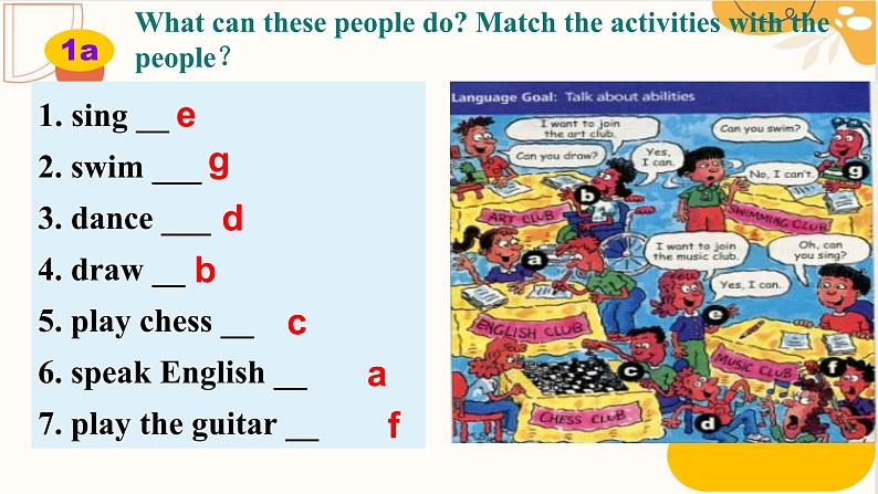 人教新目标Go For It七年级英语下册 Unit1 Can you play the guitarSection B  1a-1f课件PPT06