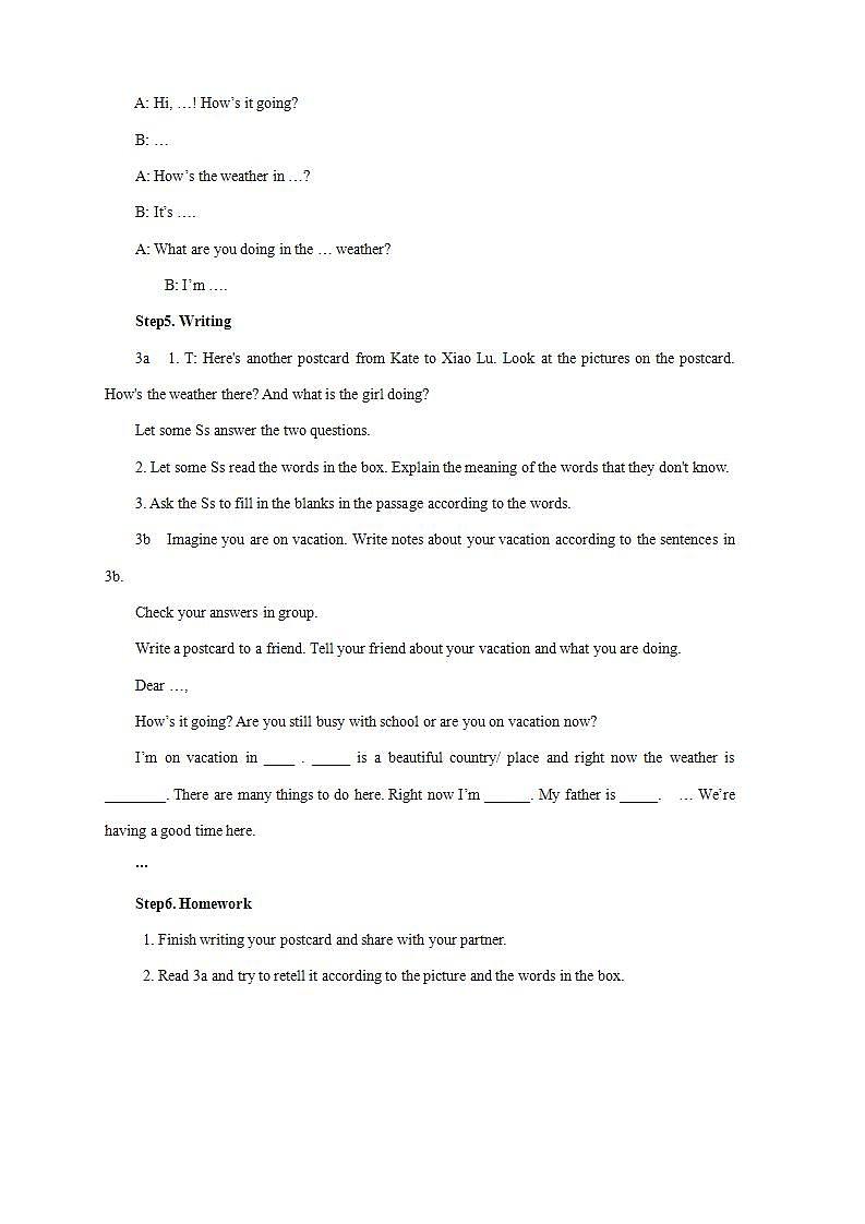 人教新目标(Go+for+it)版英语七年级下册：Unit 7 It's raining! Section B 3a-3c Self check教案02