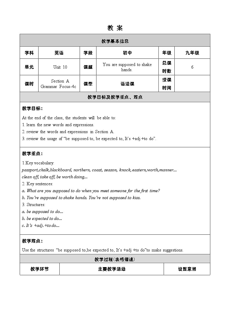 人教新目标(Go+for+it)版英语九年级下册：Unit 10 You are supposed to shake hands.单元表格式教案（6课时）01