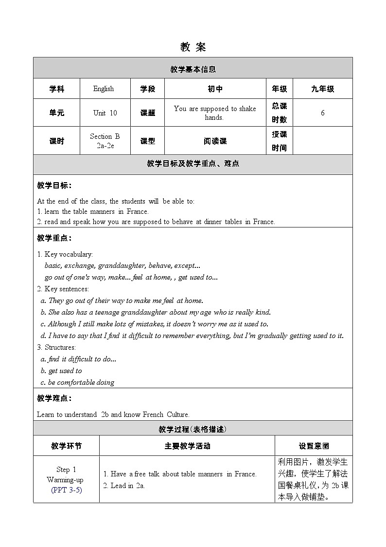 人教新目标(Go+for+it)版英语九年级下册：Unit 10 You are supposed to shake hands.单元表格式教案（6课时）01
