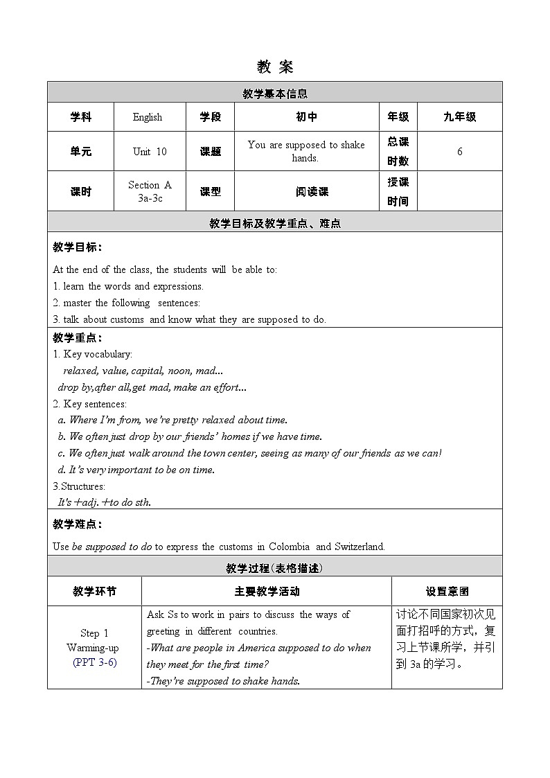 人教新目标(Go+for+it)版英语九年级下册：Unit 10 You are supposed to shake hands.单元表格式教案（6课时）01