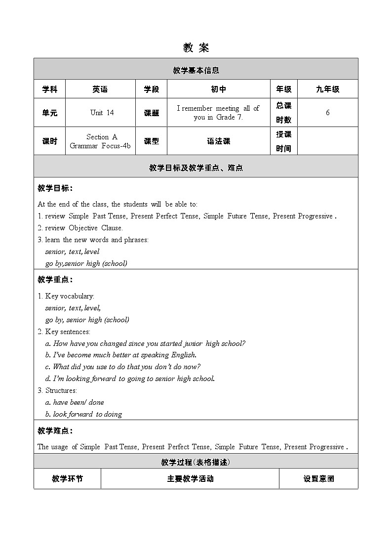 人教新目标(Go+for+it)版英语九年级下册：Unit 14I remember meeting all of you in Grade 7单元表格式教案（6课时）01