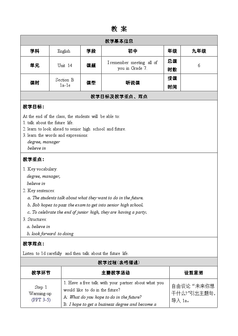 人教新目标(Go+for+it)版英语九年级下册：Unit 14I remember meeting all of you in Grade 7单元表格式教案（6课时）01
