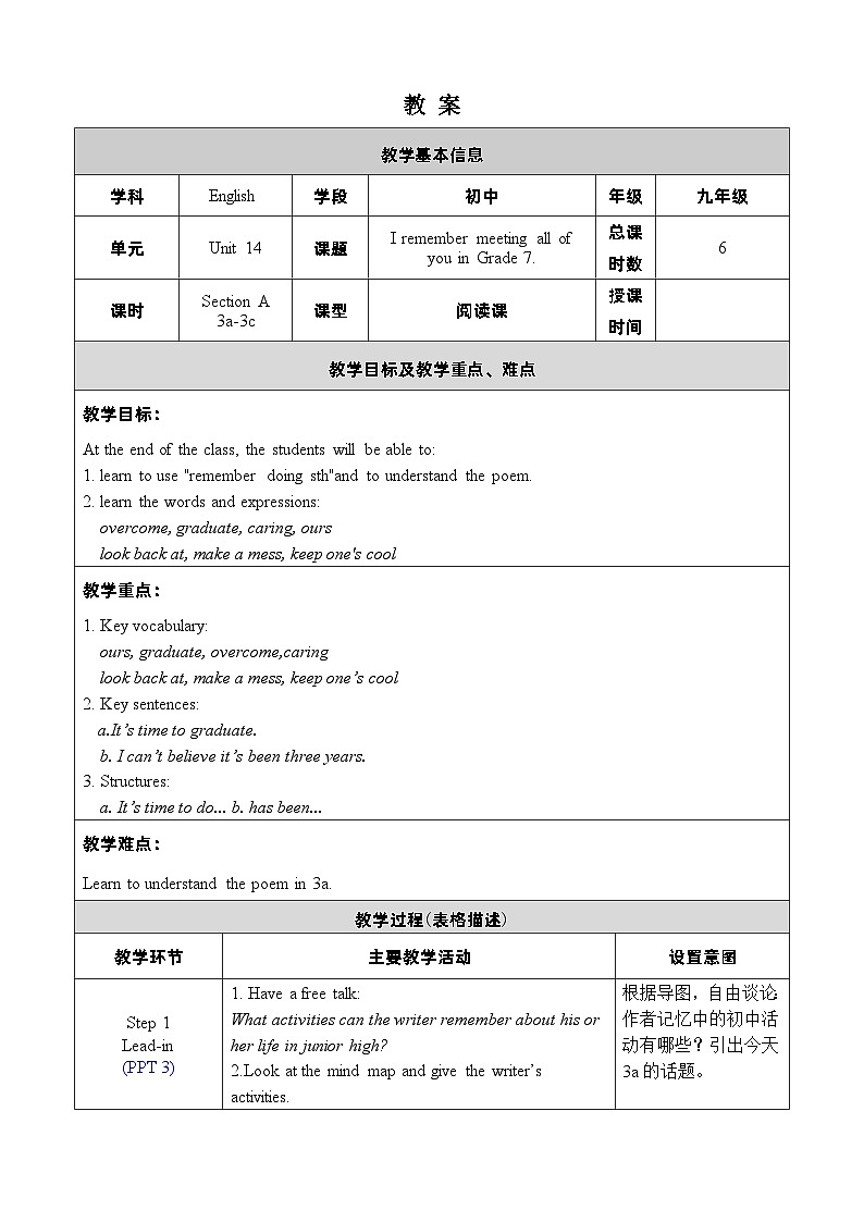 人教新目标(Go+for+it)版英语九年级下册：Unit 14I remember meeting all of you in Grade 7单元表格式教案（6课时）01