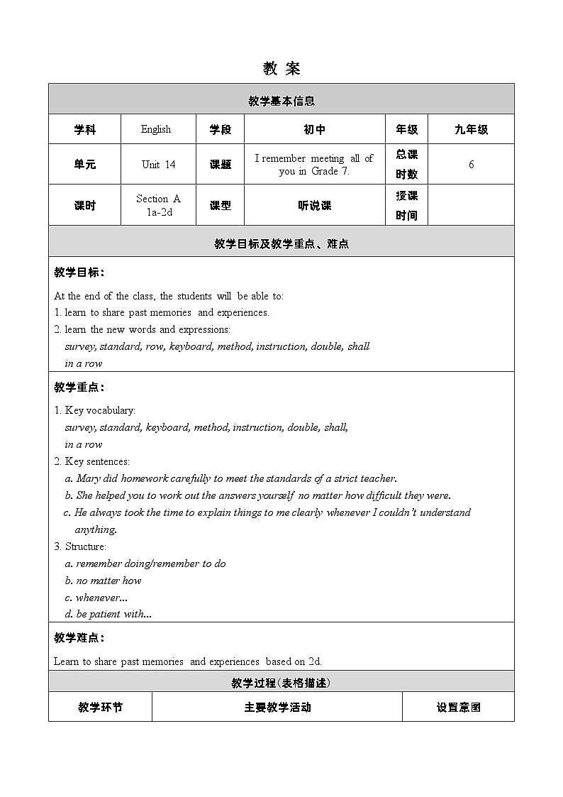 人教新目标(Go+for+it)版英语九年级下册：Unit 14I remember meeting all of you in Grade 7单元表格式教案（6课时）01