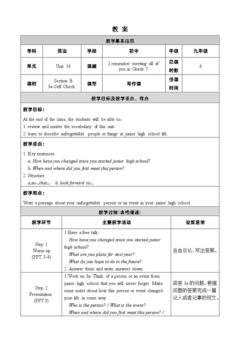 人教新目标(Go+for+it)版英语九年级下册：Unit 14I remember meeting all of you in Grade 7单元表格式教案（6课时）01