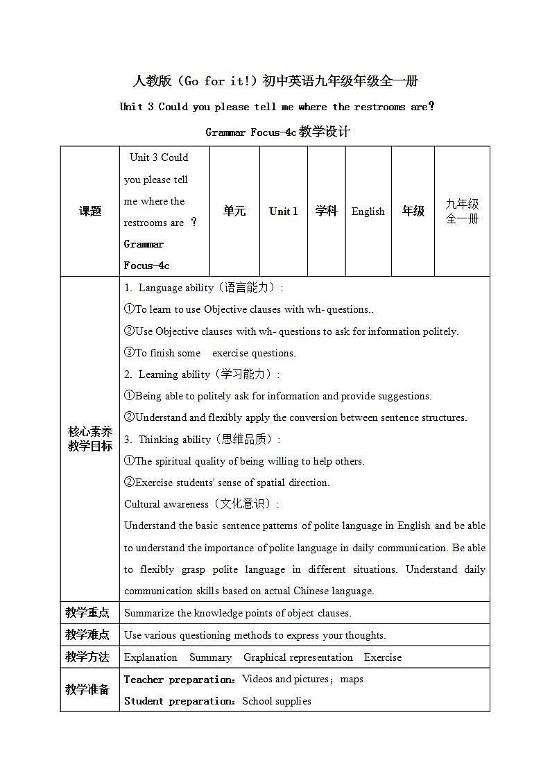 【核心素养目标】人教版初中英语九年级全册 Unit 3 Could you please tell me where the restrooms are Grammar focus-4c课件+教案+同步分层练习（含反思和答案）01