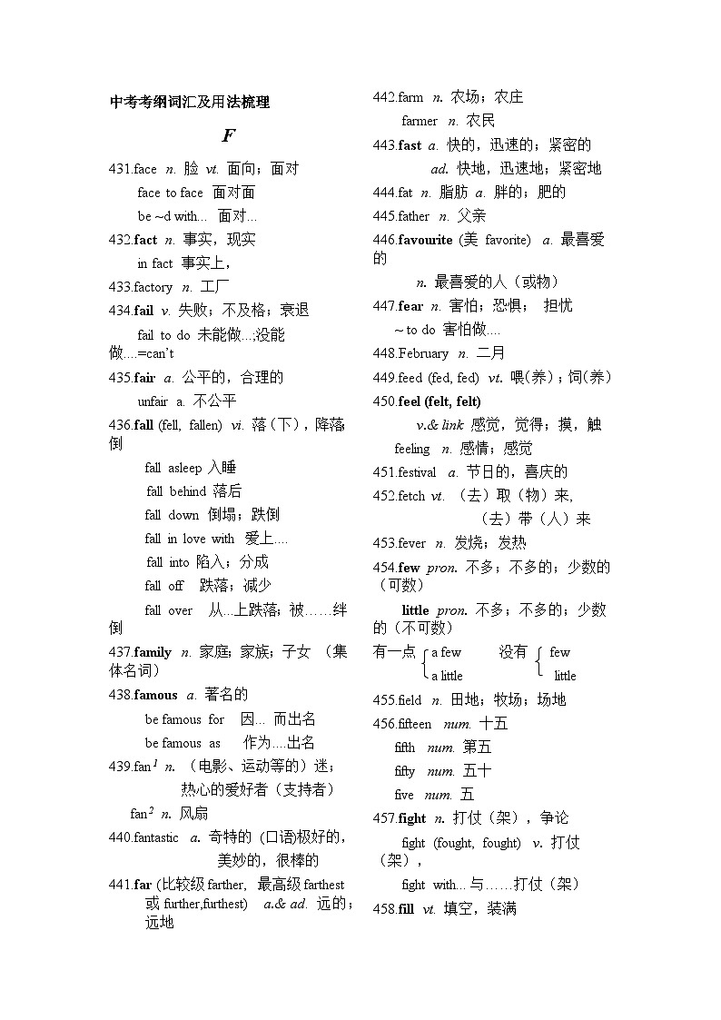 中考考纲词汇及用法梳理 (F-G)01
