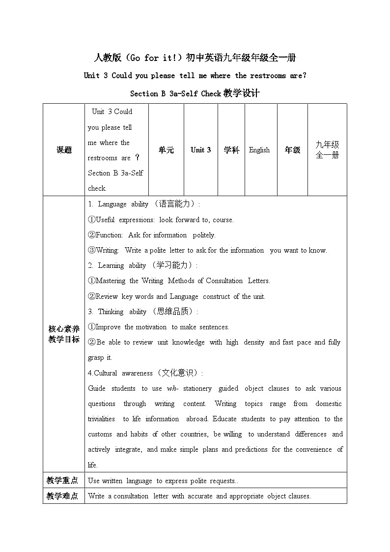 【核心素养目标】人教版初中英语九年级全册 Unit 3 Could you please tell me where the restrooms are Section B 3a-self check课件+教案+同步练习（含反思和答案）01