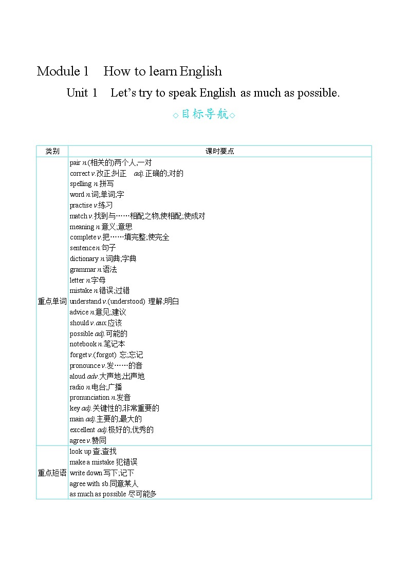 Module 1 Unit 1　Let’s try to speak English as much as possible.（教案）外研版英语八年级上册第1页