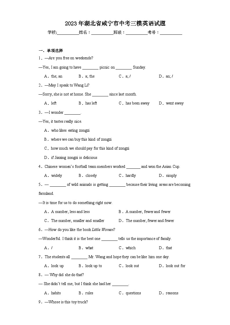 2023年湖北省咸宁市中考三模英语试题（含解析）第1页