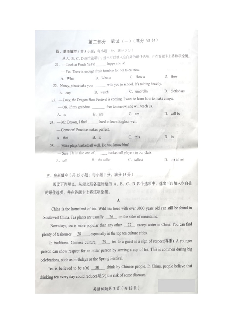 2023年四川省雅安市中考英语真题03