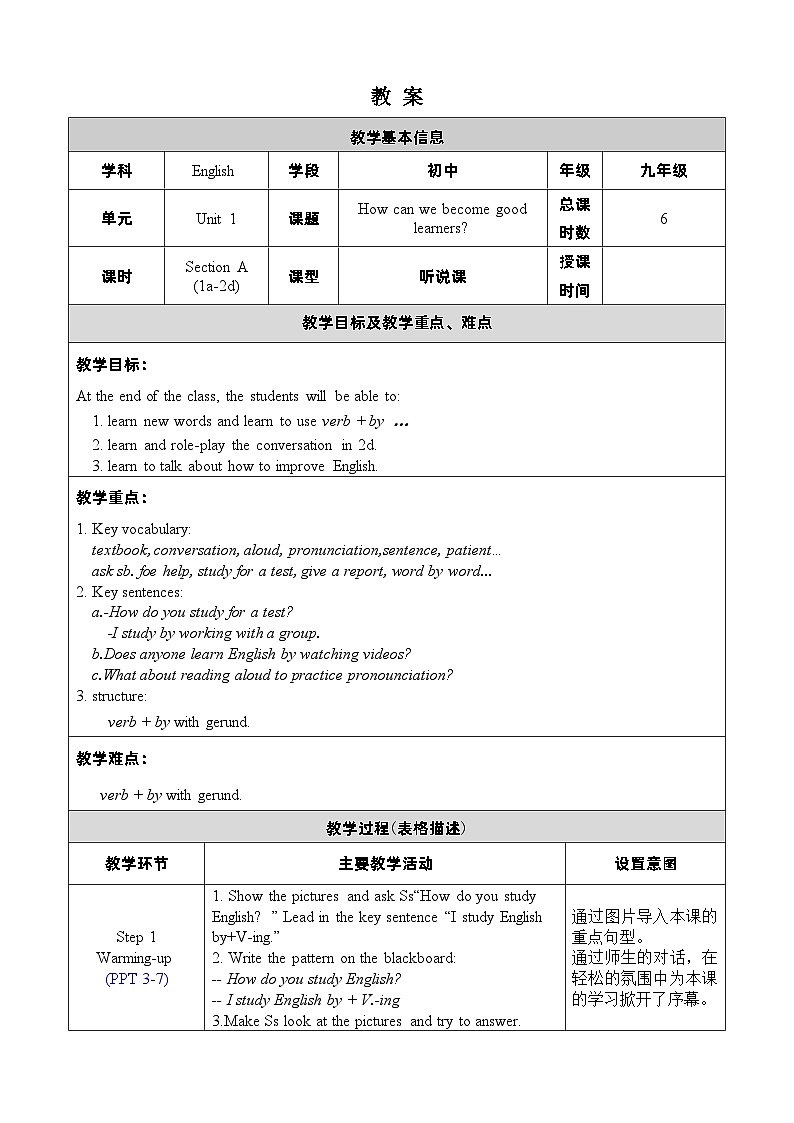 人教版英语九年级上册Unit 1  Section A 1a-2d 教案01