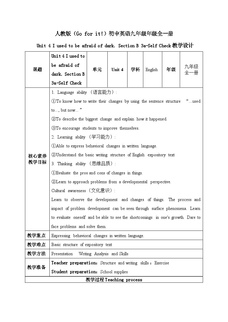 【核心素养目标】人教版初中英语九年级全册 Unit 4 I used to be afraid the dark Section B3a-self check课件+教案+同步练习（含反思和答案)01