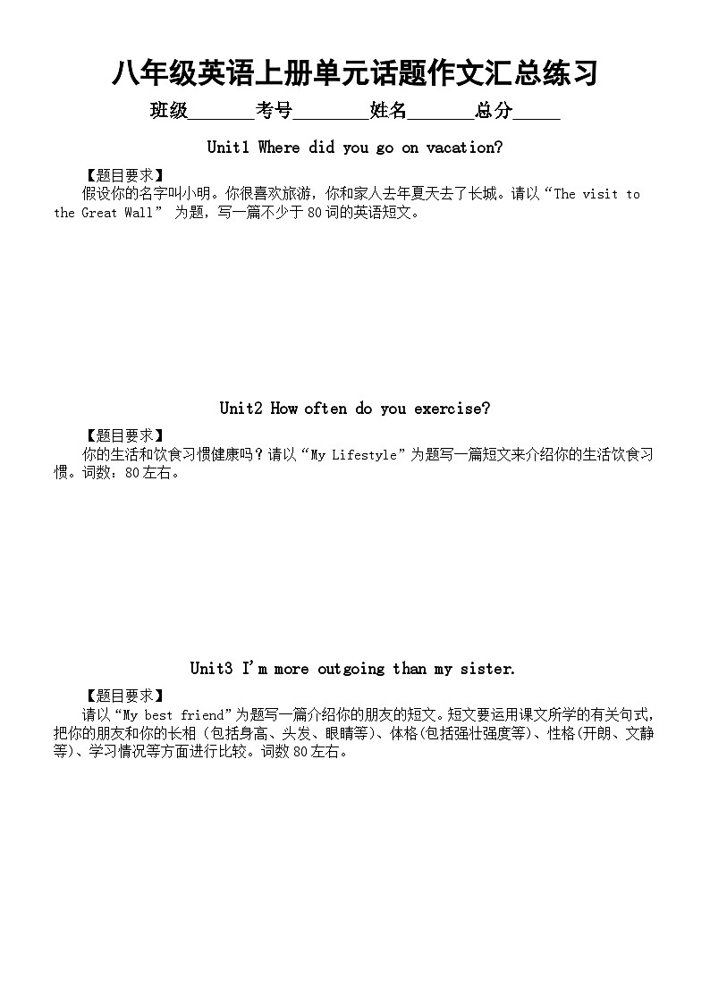 初中英语人教新目标八年级上册单元话题作文汇总练习（附参考范文）01