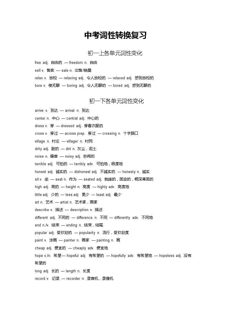 英语中考词性转换复习 试卷01