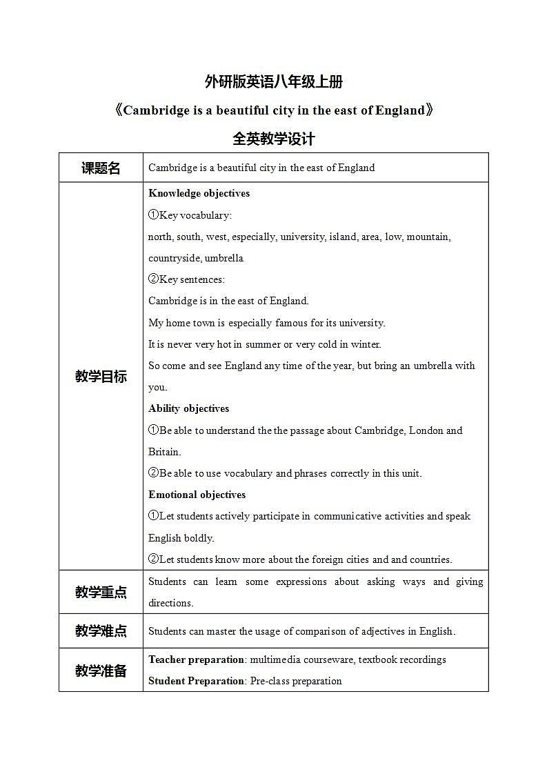 外研版英语八上 Module2 Unit2Cambridge is a beautiful city in the east of England 教案第1页