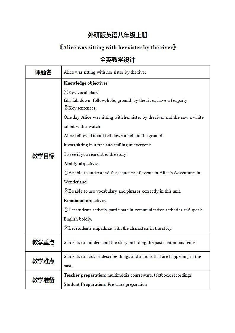 外研版英语八上Module7 Unit1  Alice was sitting with her sister by the river 教案第1页