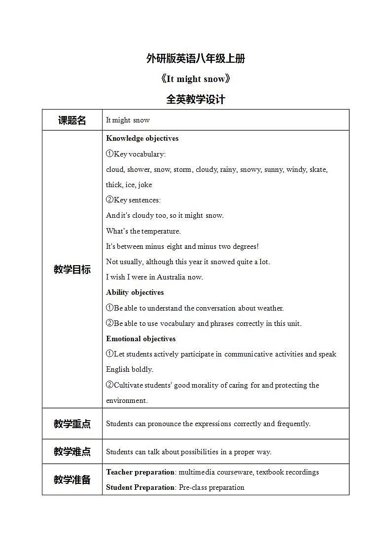 外研版英语八上Module10 Unit1  It might snow 教案第1页