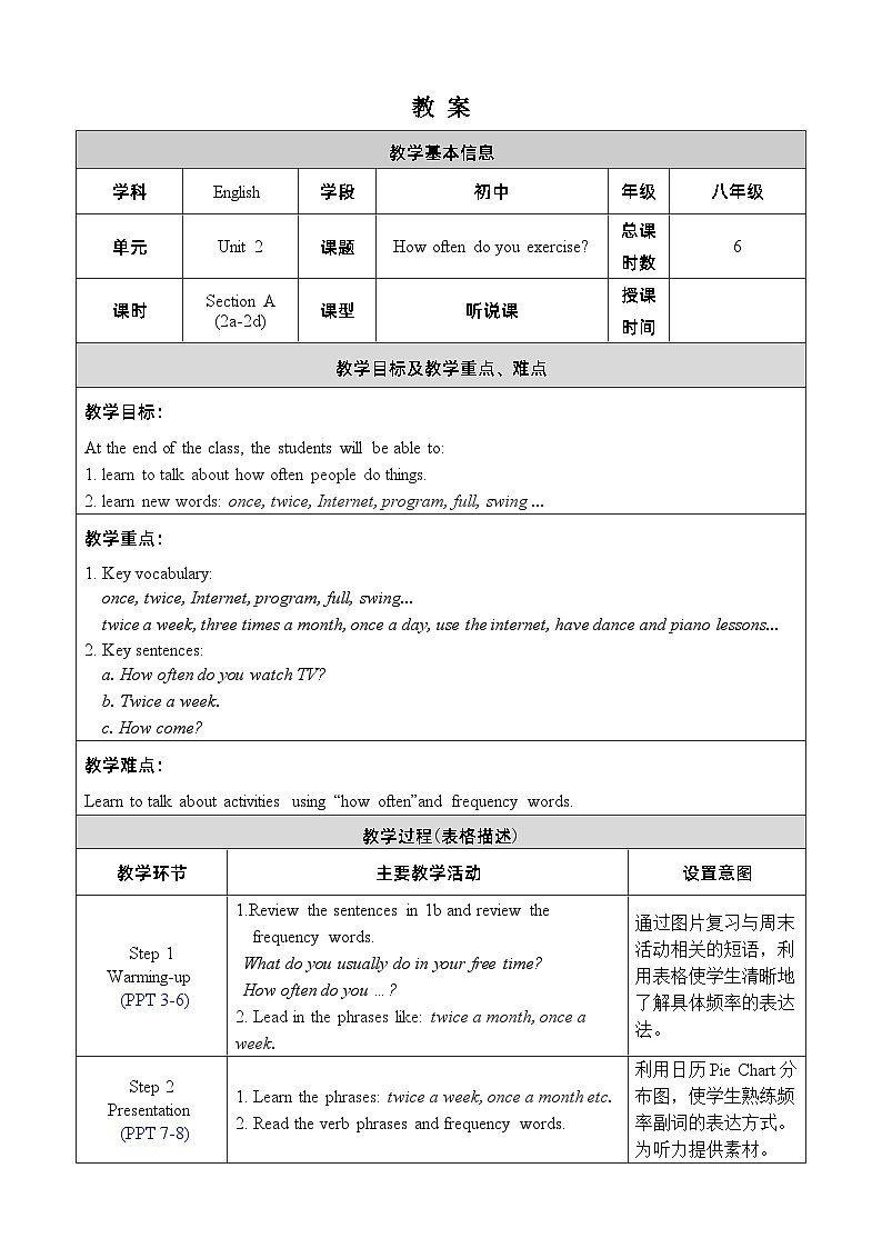 人教版八上英语 Unit 2 Section A 2a-2d 教案01