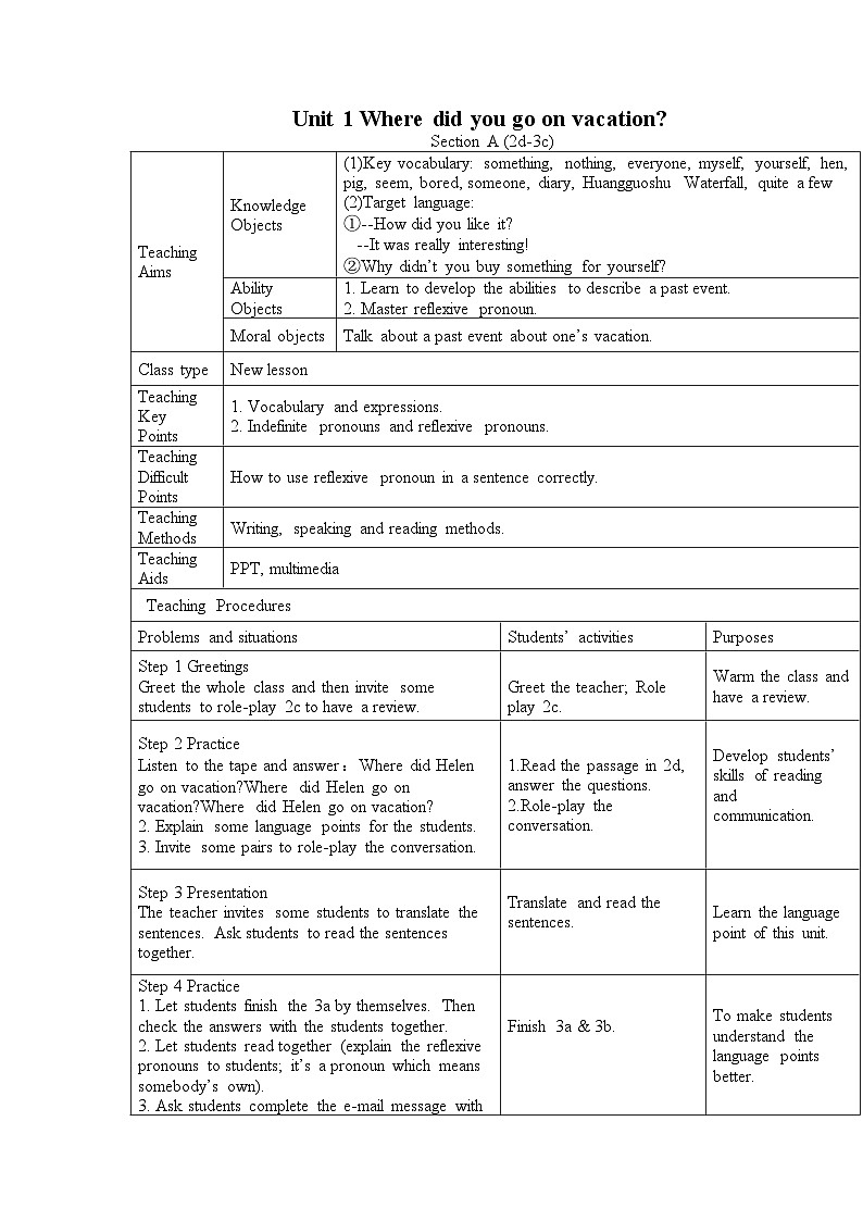 人教版英语八年级上册  Unit 1 Where did you go on vacation  Section A (2d-3c)教学设计（表格式）01