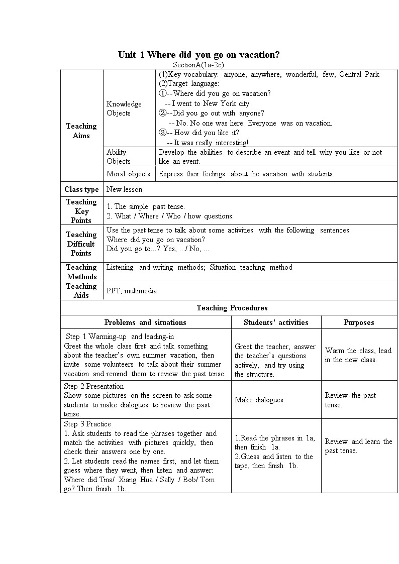 人教版英语八年级上册  Unit 1 Where did you go on vacation  Section A (1a-2c)教学设计（表格式）01