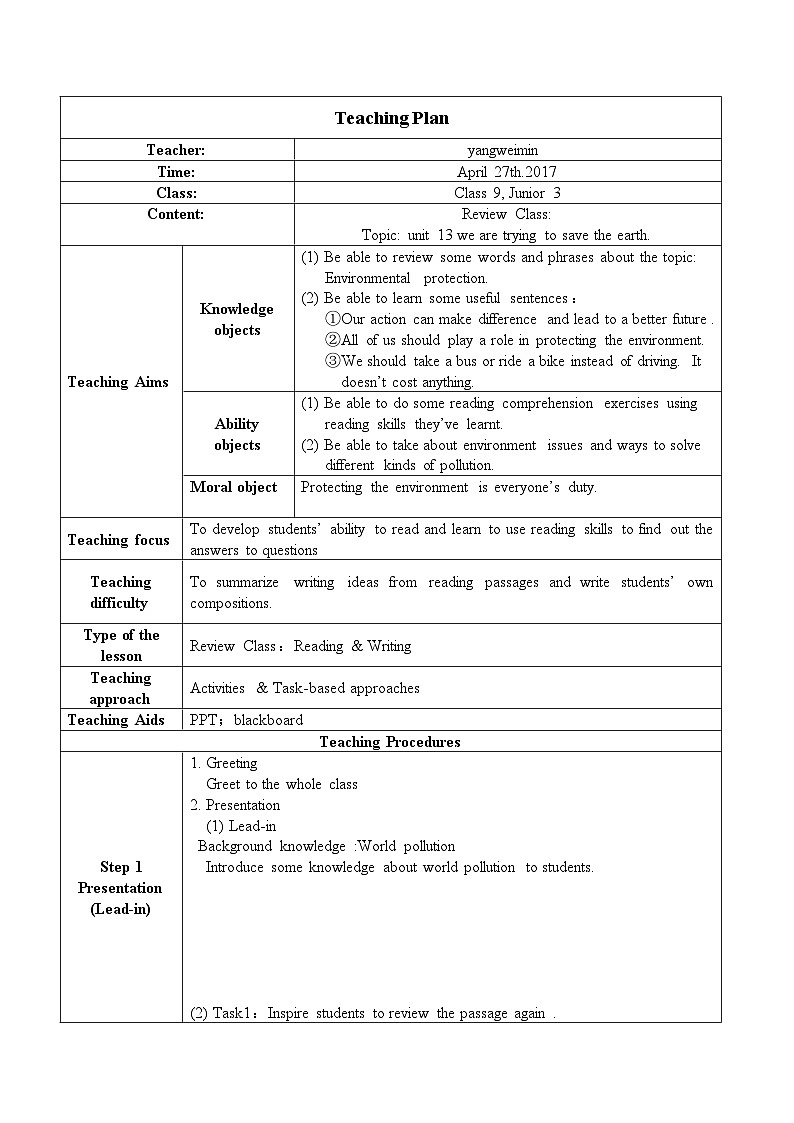 【同步教案】人教版英语九年级全册-- Unit 13 We're trying to save the earth! Section A（1a-1c）教案（表格式）01