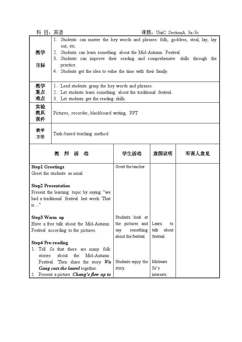 【同步教案】人教版英语九年级全册--Unit 2 think that mooncakes are delicious!  SectionA 3a-3c教案(表格式）01