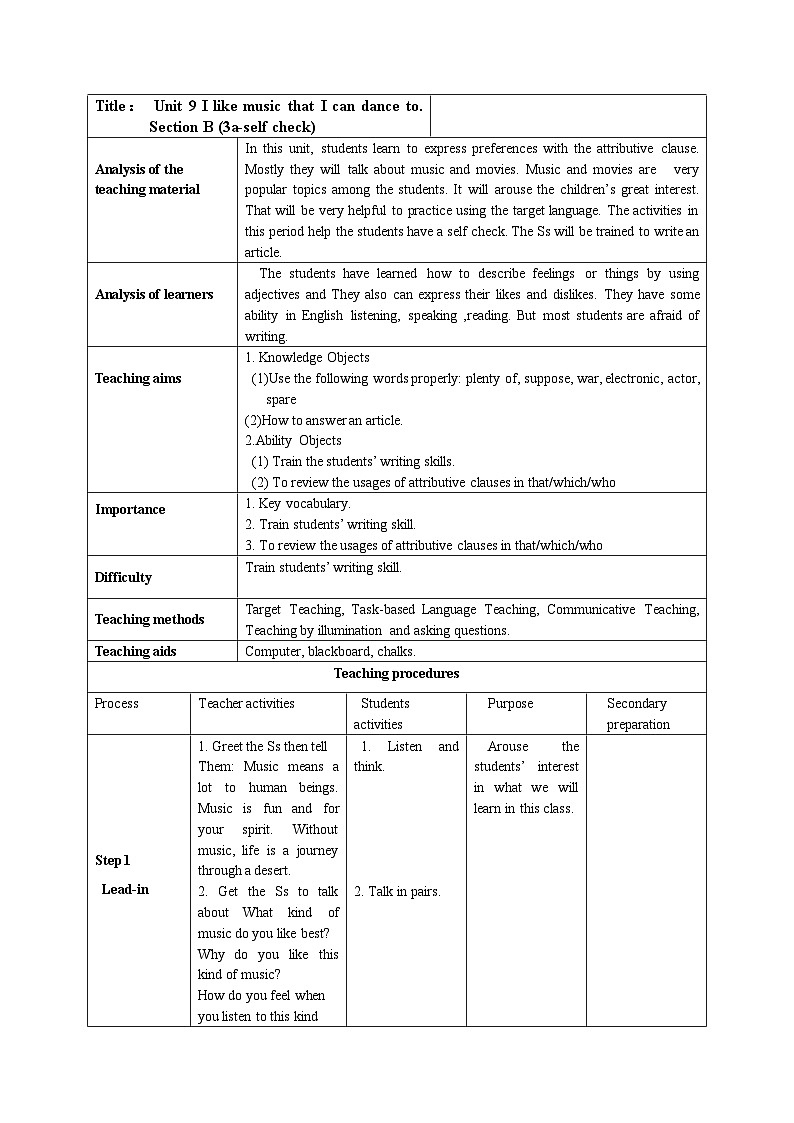 【同步教案】人教版英语九年级全册--Unit 9  I like music that I can dance to.SectionB 3a-self check教案（表格式）01