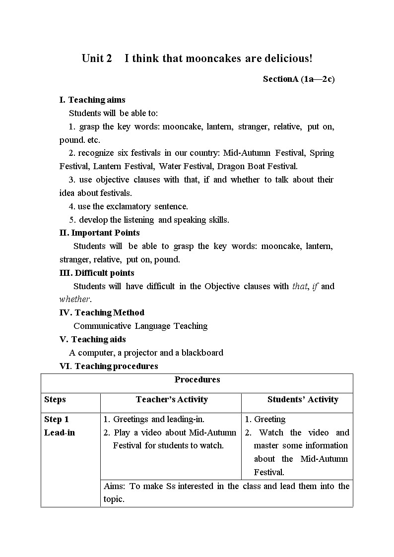 【同步教案】人教版英语九年级全册--Unit2 I think that mooncakes are delicious! SectionA（1a-2c）表格教案01