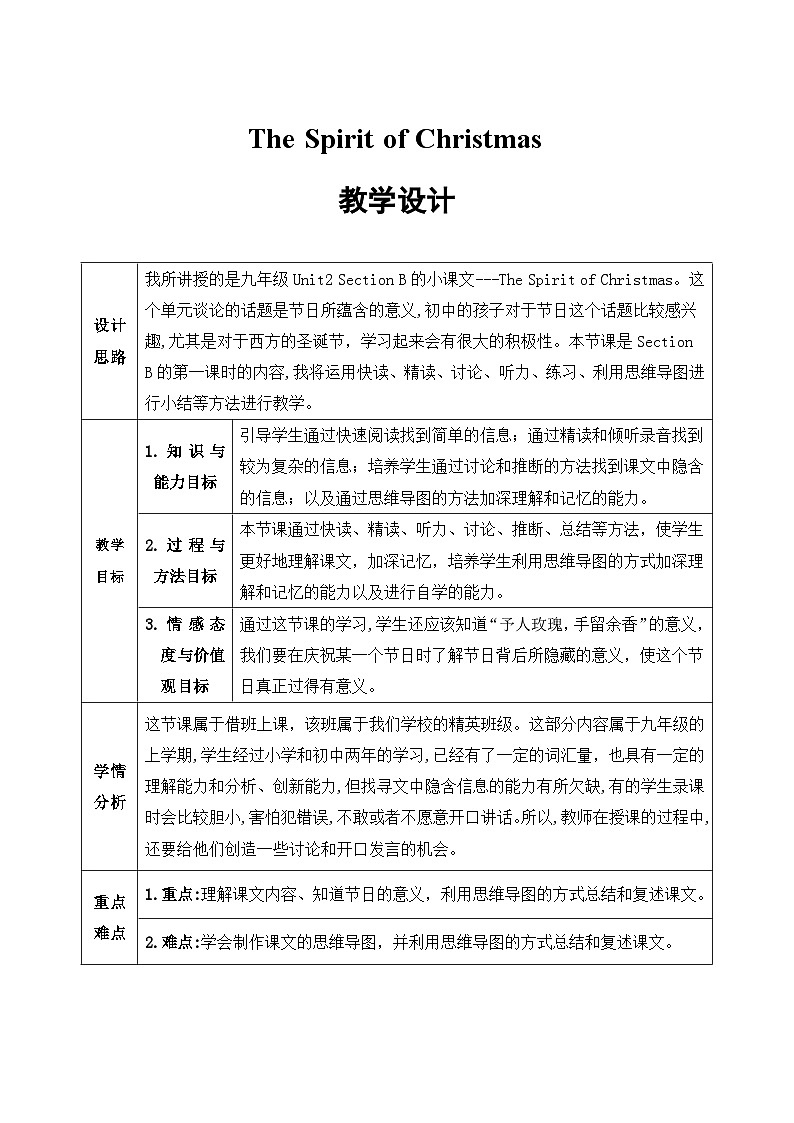 【同步教案】人教版英语九年级全册--Unit2I think that mooncakes are delicious! SectionB（TheSpiritofChristmas）表格教案01