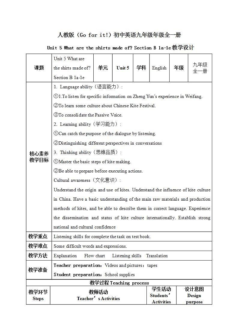 【核心素养目标】人教版初中英语九年级全册 Unit 5 What are the shirts made of Section B 1a-1e课件+教案+同步练习（含反思和答案）01