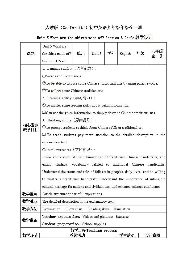【核心素养目标】人教版初中英语九年级全册 Unit 5 What are the shirts made of Section B 2a-2e教案第1页
