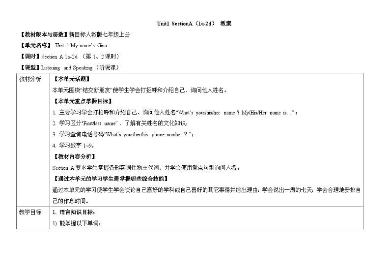【同步教案】人教新目标版英语七年级上册--Unit 1 My name's Gina. SectionA（1a-2d）教案（表格式）01