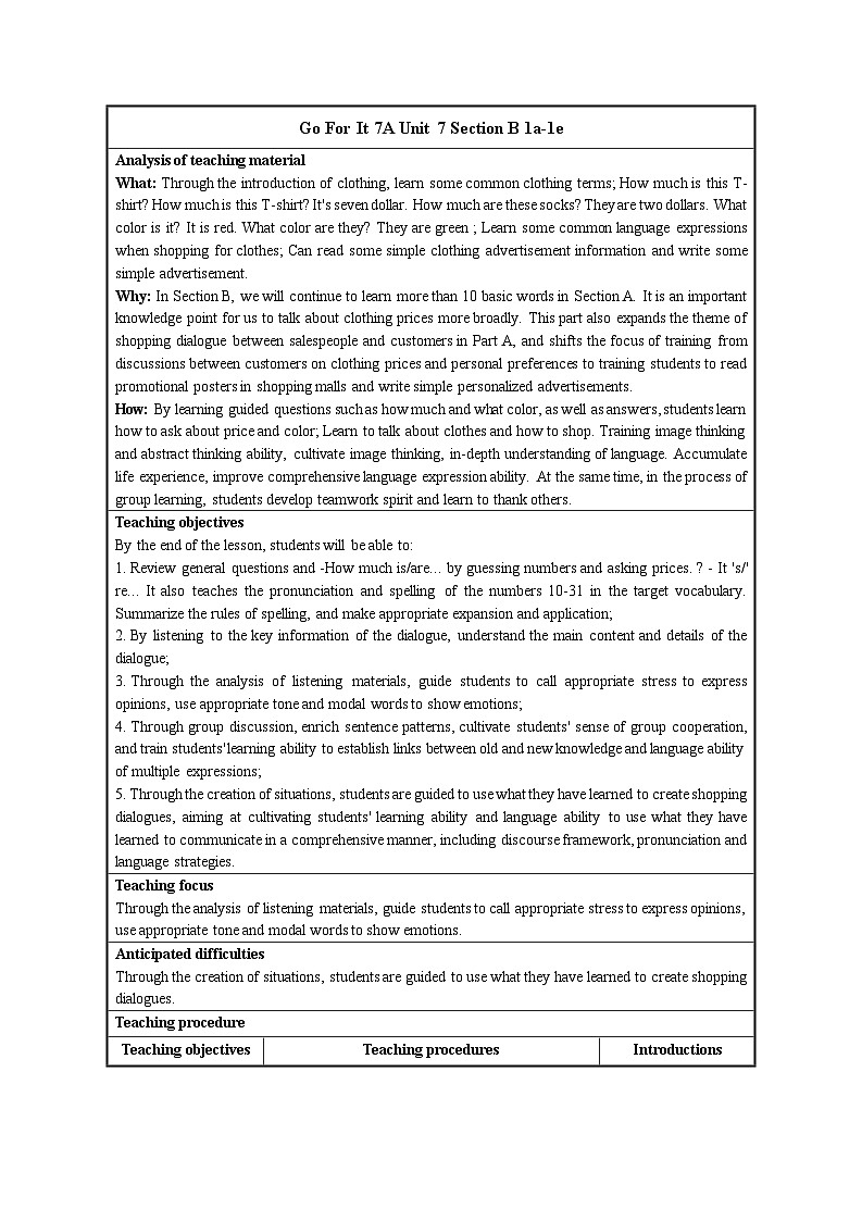 【同步教案】人教新目标版英语七年级上册--Unit 7 How much are these socks Section B 1a-1e 教案（表格式）01