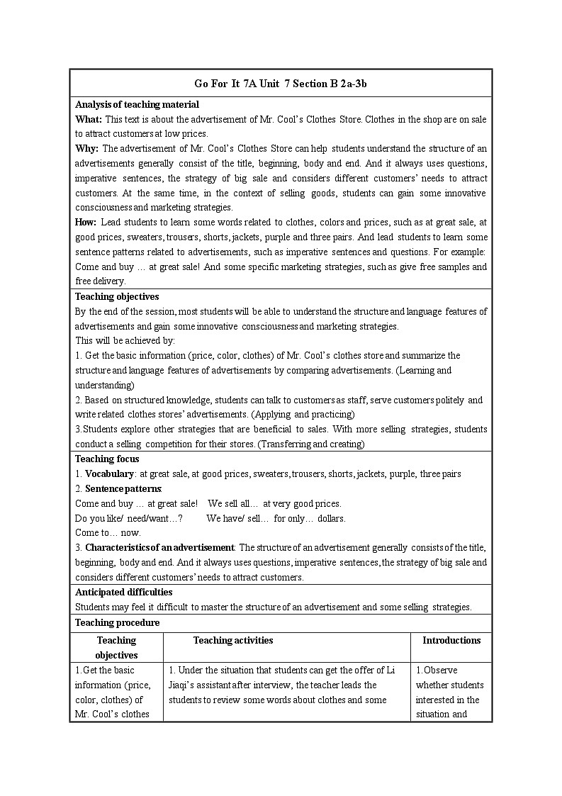 【同步教案】人教新目标版英语七年级上册--Unit 7 How much are these socks Section B 2a-3b 教案（表格式）01