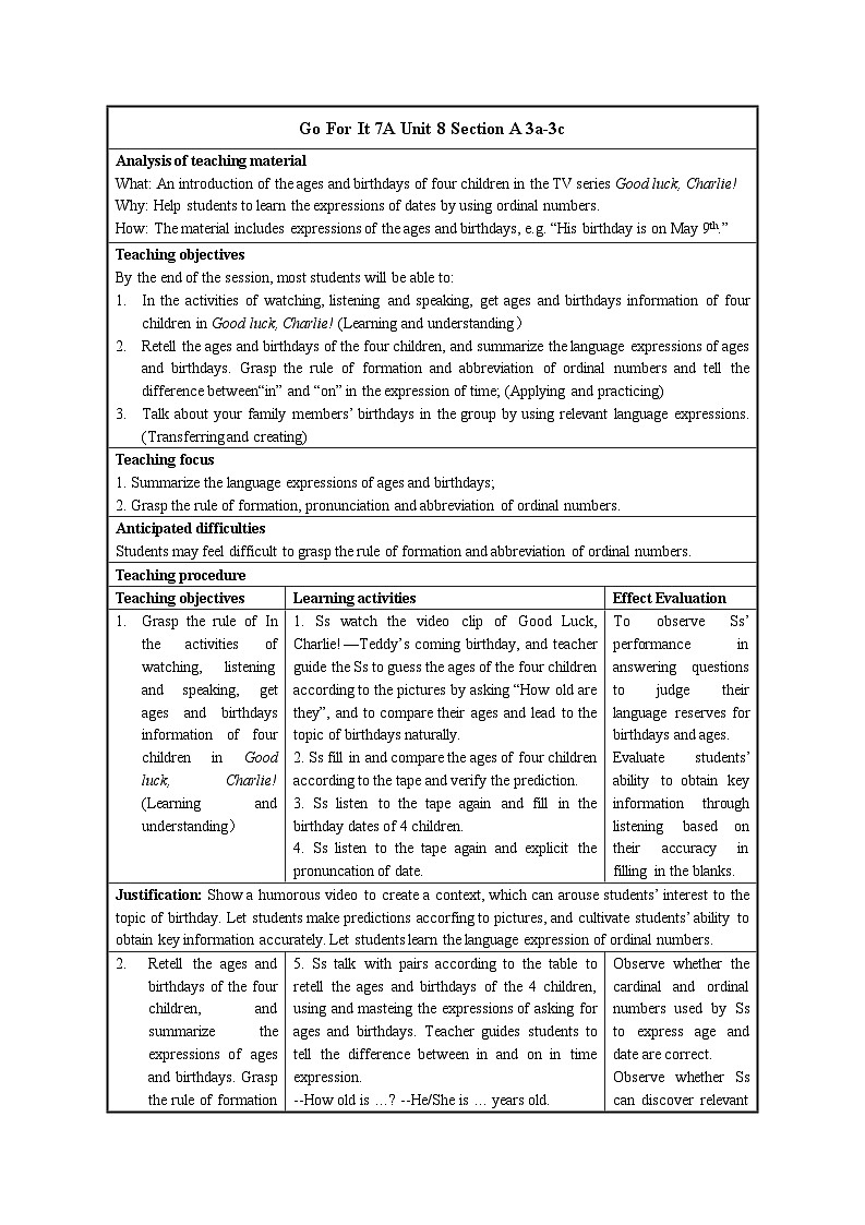 【同步教案】人教新目标版英语七年级上册--Unit 8 When is your birthday？ Section A 3a-3c  教案（表格式）第1页