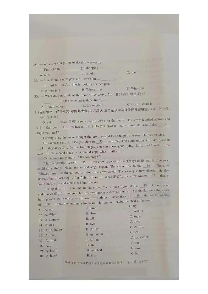 2023年湖南省邵阳市中考英语真题03