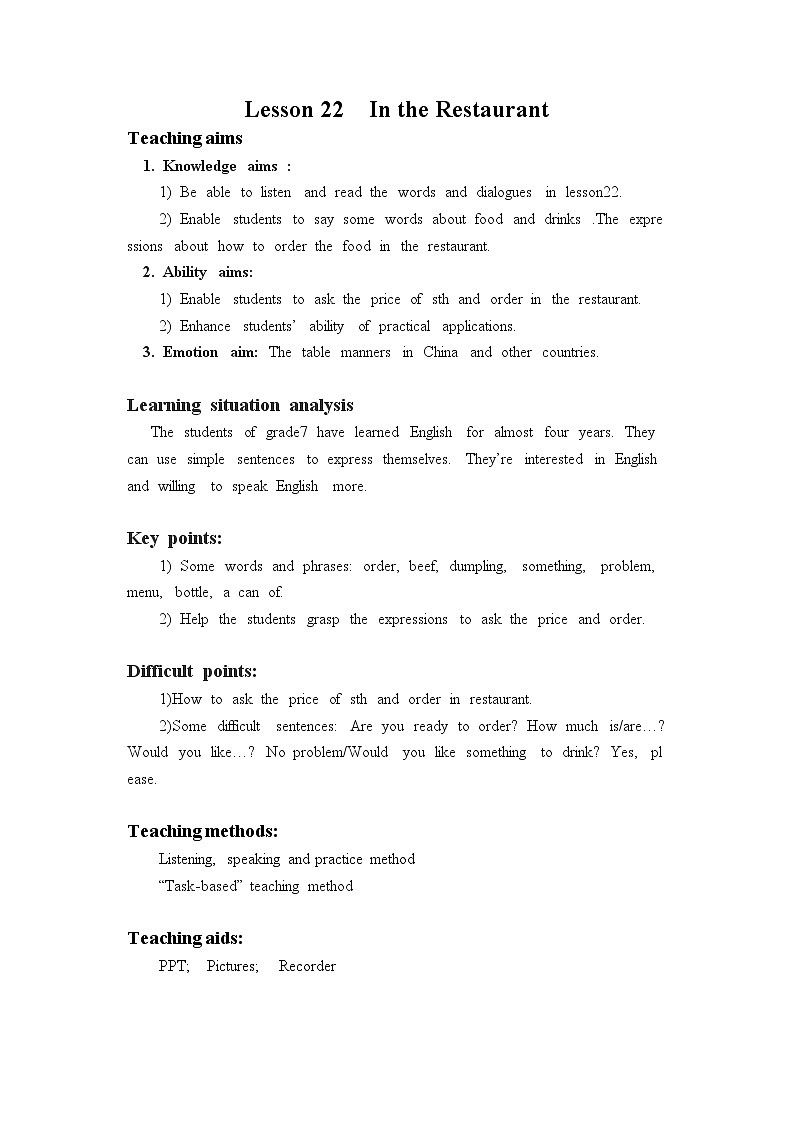 冀教版英语 七年级上册 Lesson 22 In the Restaurant 教案第1页