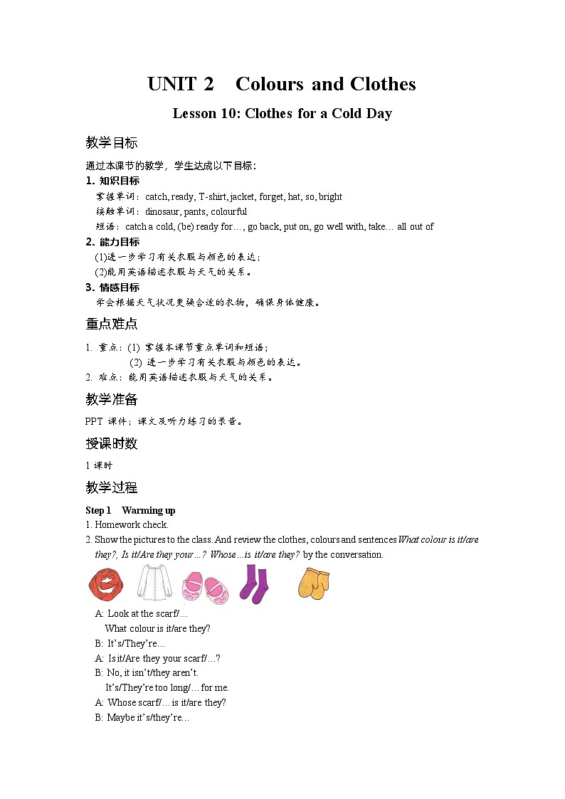 冀教版英语 七年级上册Unit 2 Colours and Clothes Lesson 10  Clothes for a Cold Day教案（1课时）01