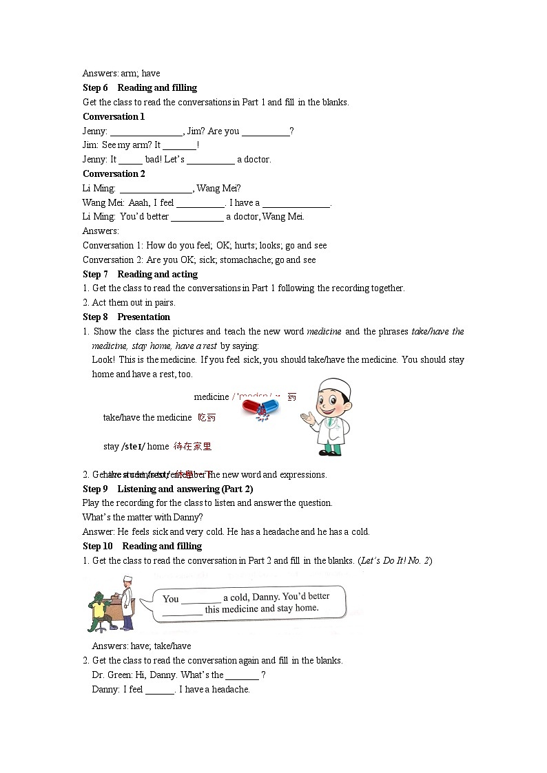 冀教版英语 七年级上册Unit 3 Body Parts and Feelings Lesson 17 Seeing a Doctor教案03