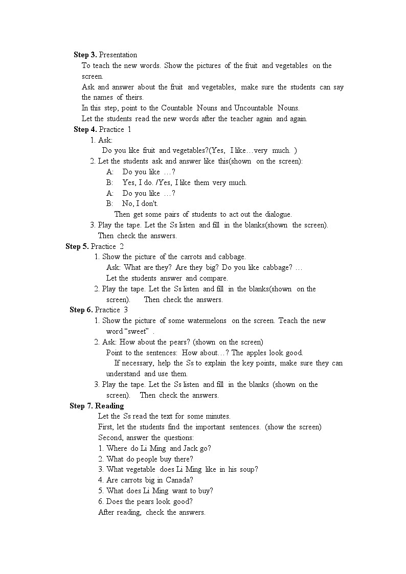 冀教版英语 七年级上册nit 4 Food and Restaurants Lesson 21  At the Market 教案02