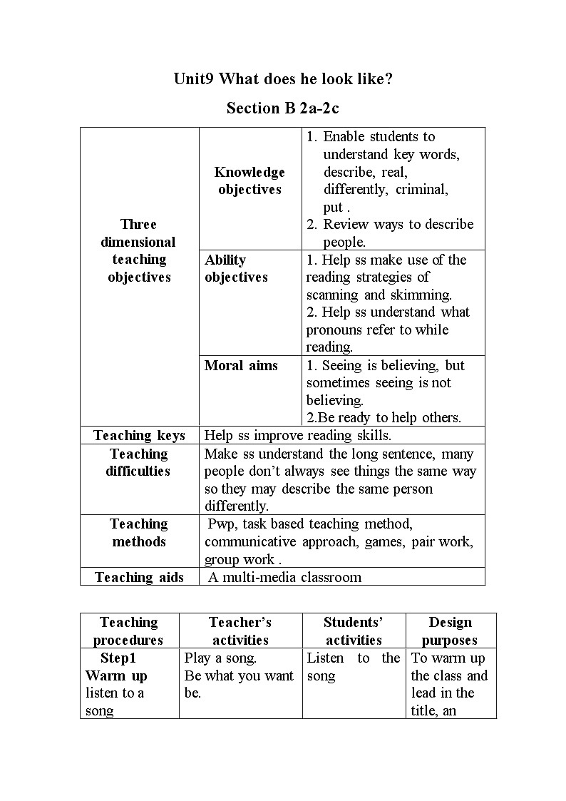 《Unit 9 What does he look like》教案设计4-七年级下册新目标英语【人教版】01