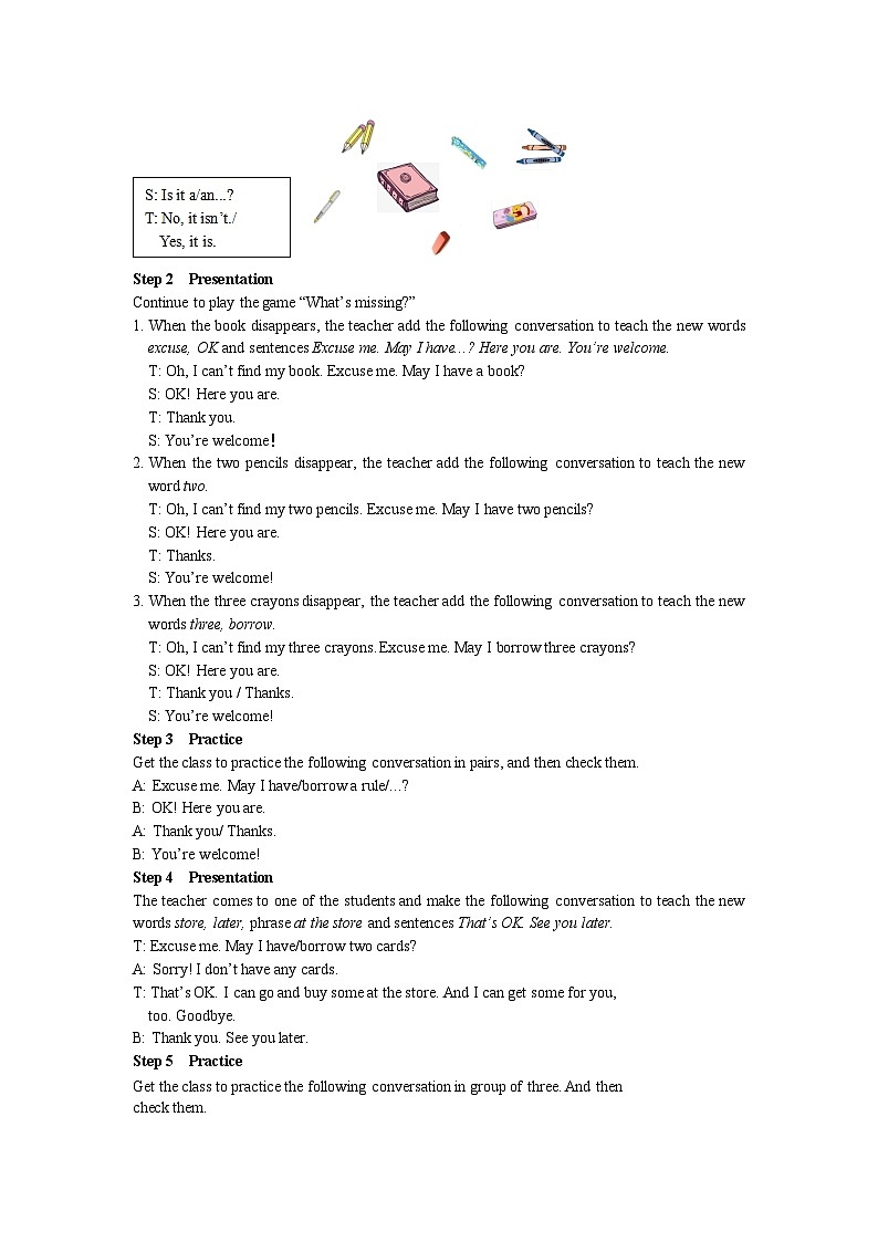 冀教版 初中英语 七年级上册  Unit 1 School and Friends Lesson 5 May I Have a Book教案02