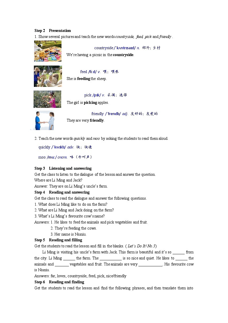 冀教版 初中英语 七年级上册  Unit 6 Let 's Go! Lesson 34 On the Farm教案第2页