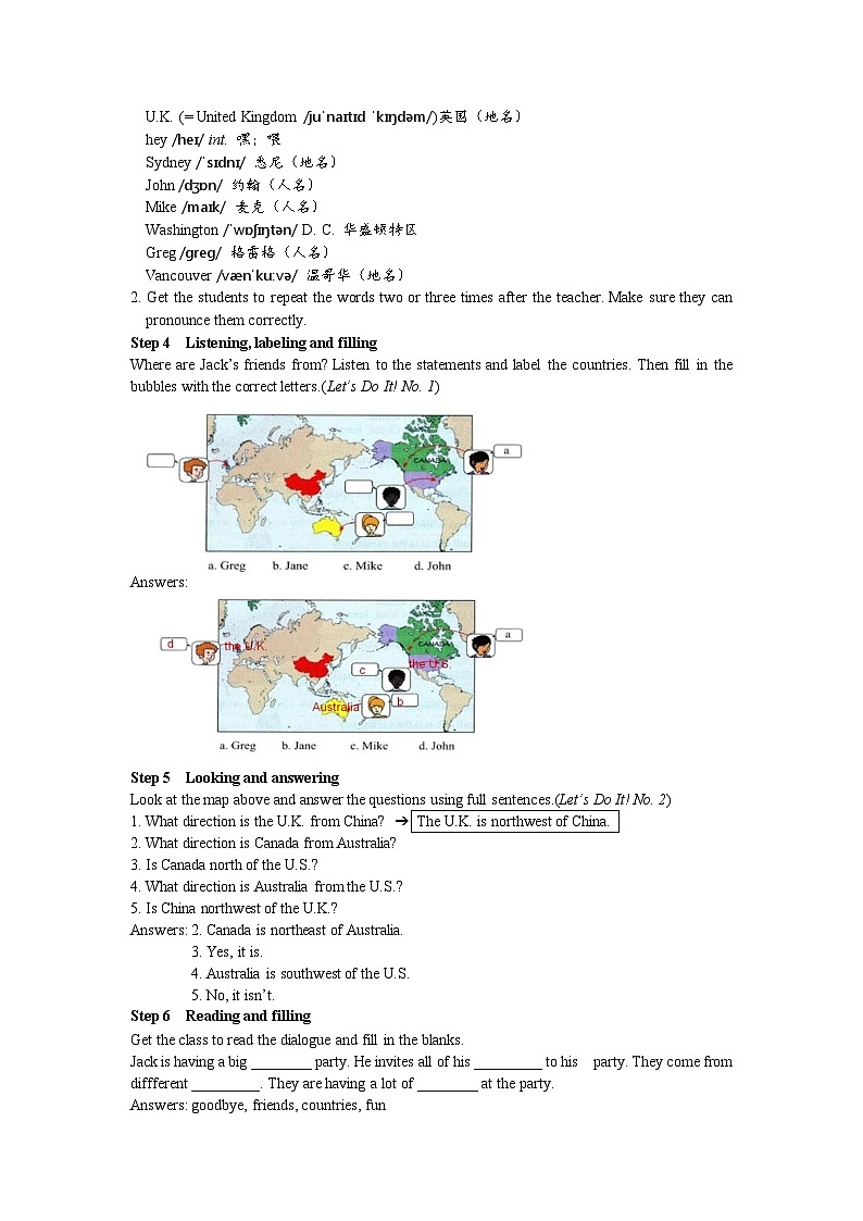 冀教版 初中英语 七年级上册  Unit 8 Countries around the world Lesson 44 Jack’s Goodbye Party教案第2页