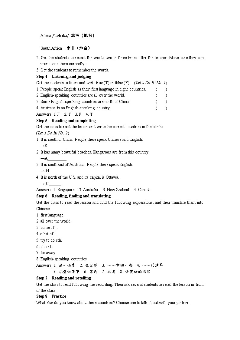 冀教版 初中英语 七年级上册  Unit 8 Countries around the world Lesson 48 English-Speaking Countries教案02