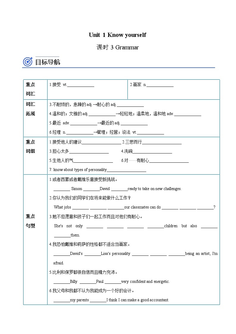 专题3.Unit 1 Know yourself 课时3 Grammar-知识精讲+分层练习（教师版）第1页