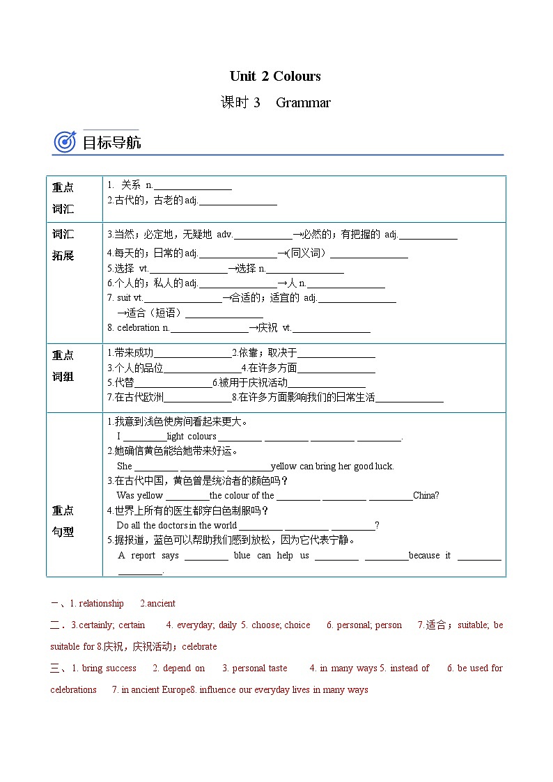【同步讲义】牛津译林版英语九年级上册-Unit 2 Colours 课时3  Grammar 讲义（知识精讲+分层练习）01